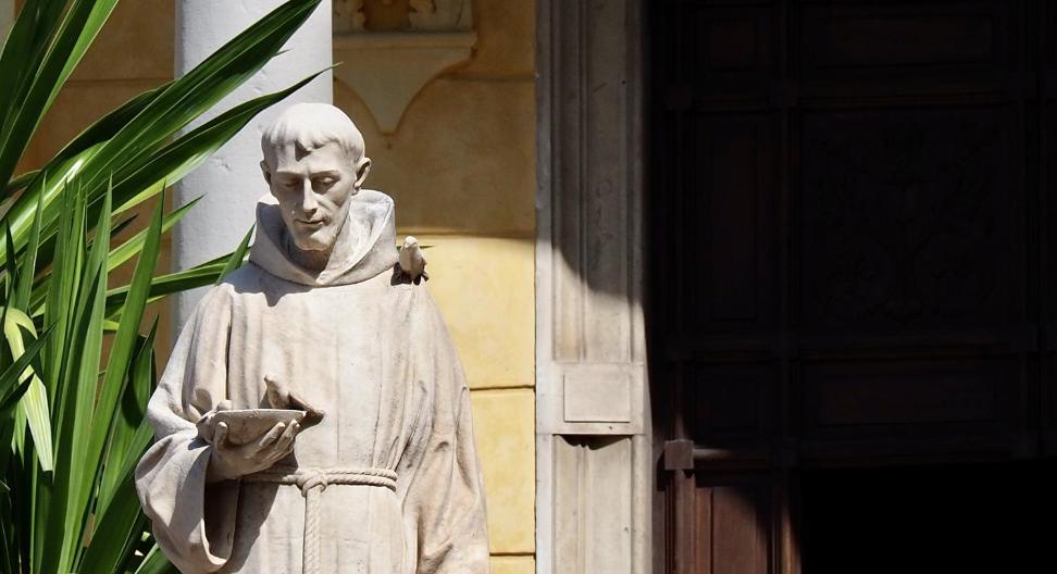 Steinstatue eines Mönchs mit Buch in sonnigem Hof neben einer Pflanze