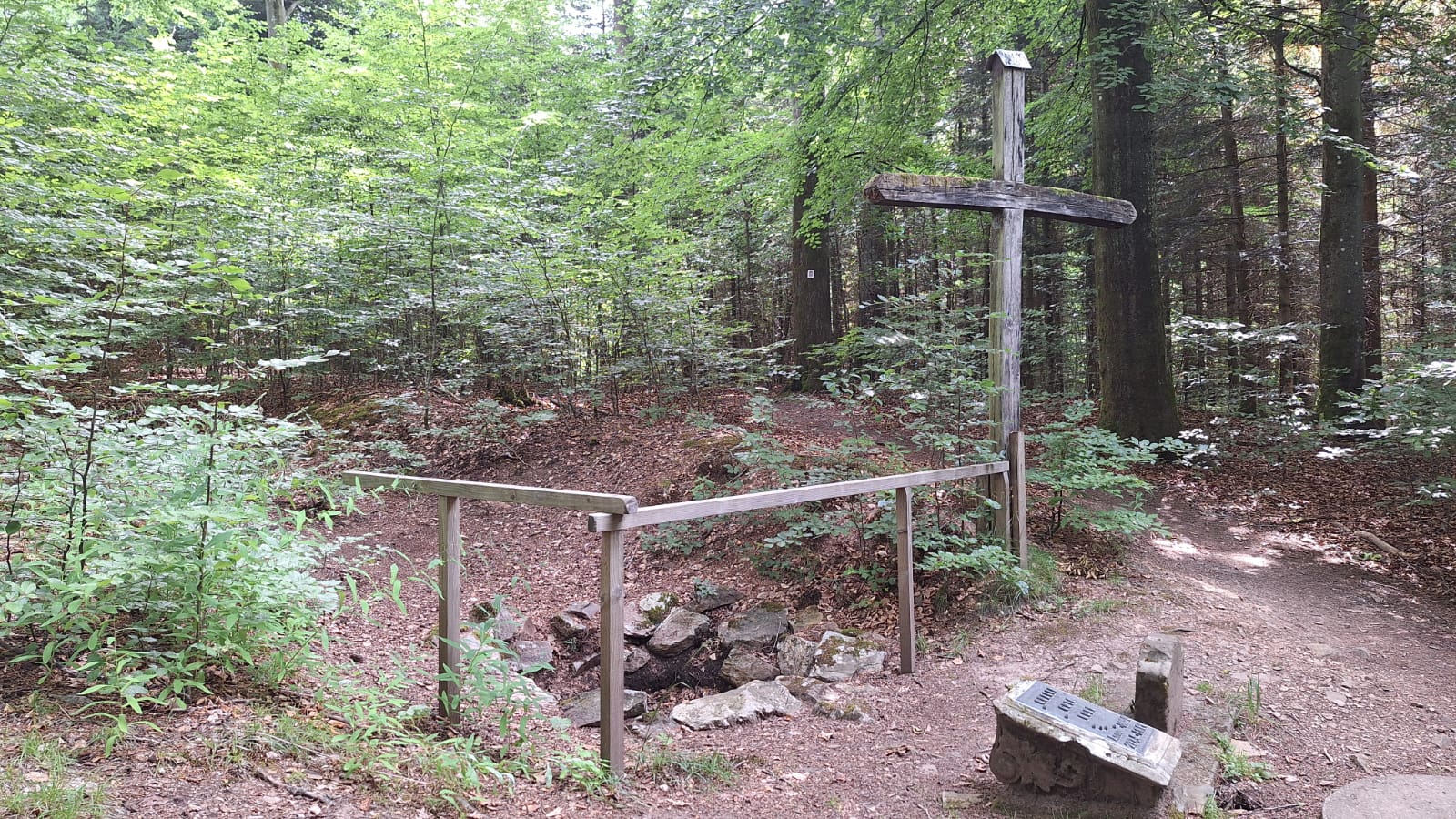 Eine Quelle im Wald die mit einem Holzzaun abgegrenzt ist, daneben steht ein großes Holzkreuz.