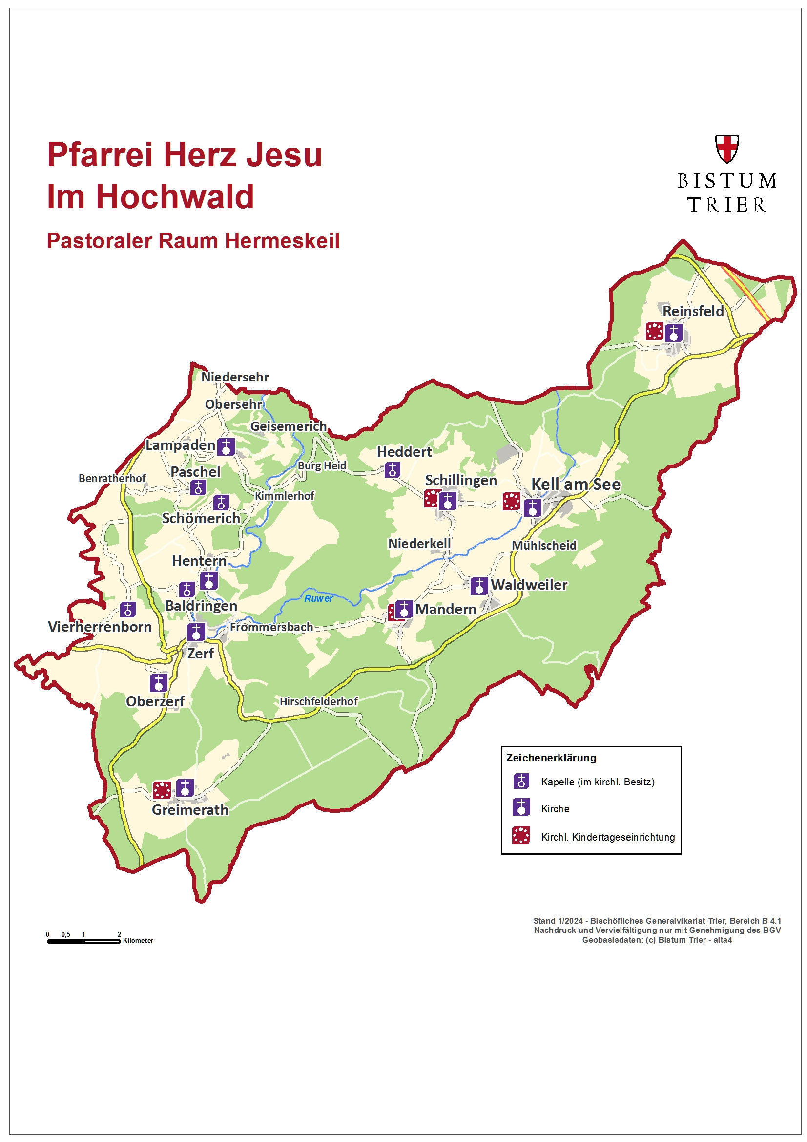 Das Bild zeigt eine Karte mit den Gebietsstrukturen Pfarrei Herz Jesu im Hochwald; darauf sind Orte, Kirchen und Kapellen markiert, umgeben von einer rot umrandeten Gebietskontur.