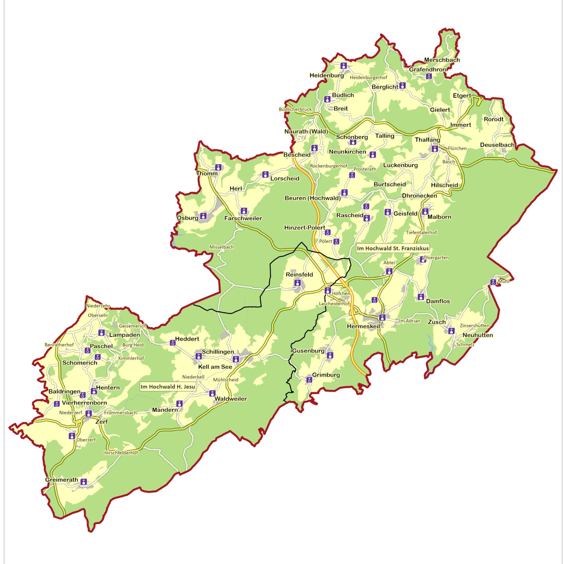 Die Gebietsstrukturen des Pastoralen Raums Hermeskeil mit den Orten, Kirchen und Kapellen.