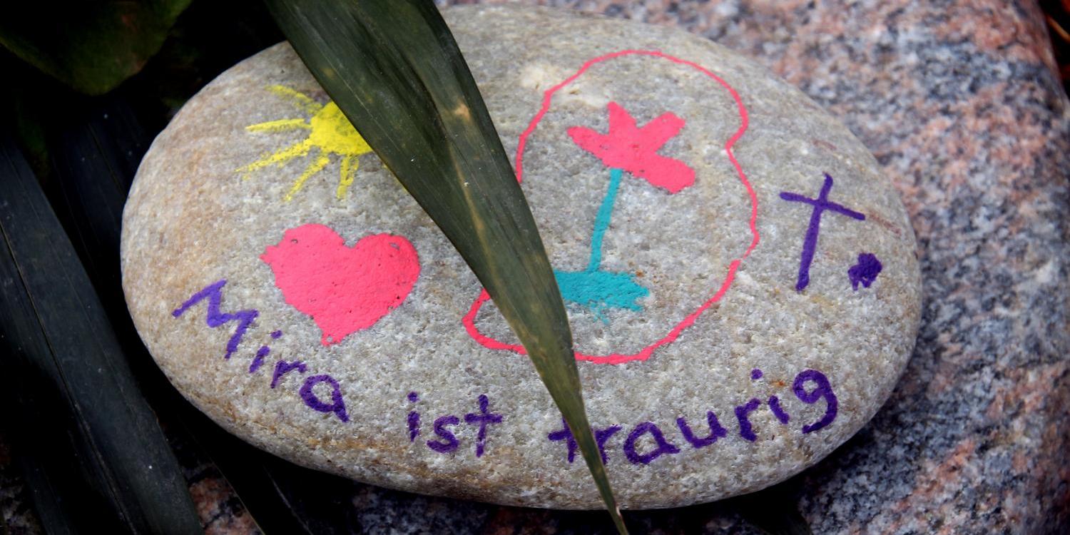 Ein bemalter Stein liegt auf einem größeren Stein, darauf sind eine gelbe Sonne, ein rotes Herz, eine rote Blume mit grünem Stiel, ein lilafarbenes Kreuz und der handgeschriebene Satz „Mira ist traurig“.