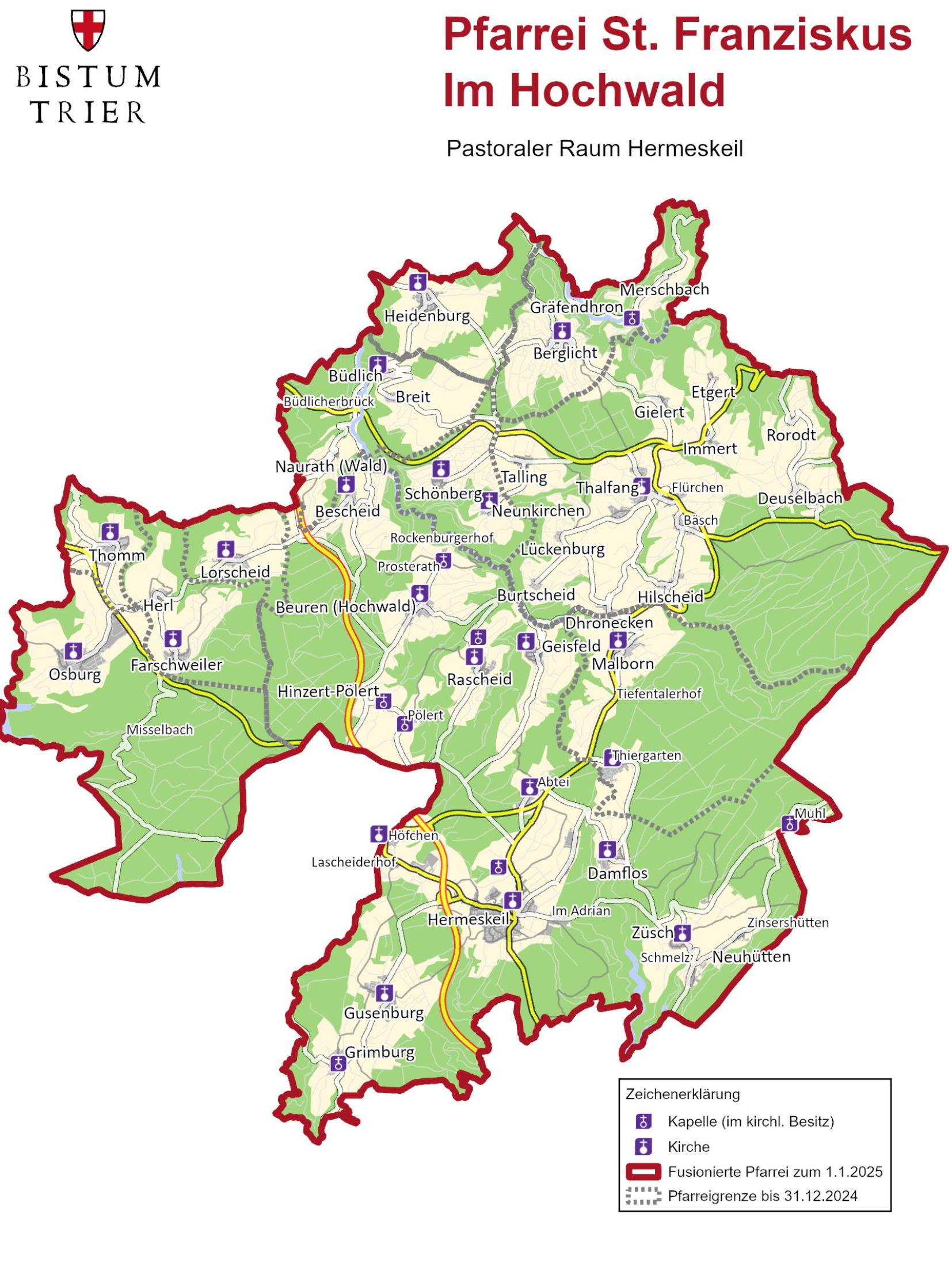 Die Gebietsstrukturen der Pfarrei St. Franziskus Im Hochwald mit den Orten, Kirchen und Kapellen.